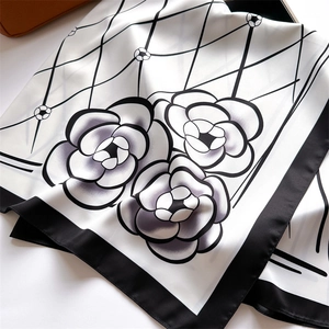 Elegant silk square scarf with diamond lattice and camellia patterns in black and white