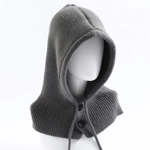 Close-up of grey knitted balaclava hood showing textured wool and black button detail