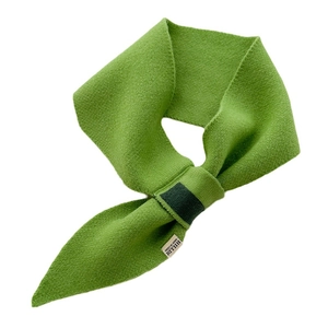 Grass green knitted scarf with dark green ring loop and brand label on white background