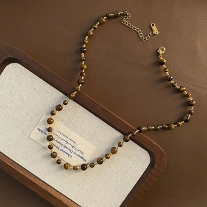 Retro Tiger Eye Beaded Necklace Natural Stone Stainless Steel Handmade Adjustable Choker Vintage Jewelry For Women
