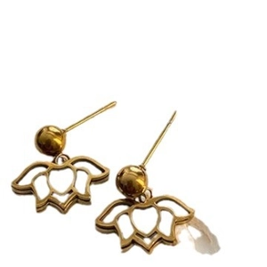 Golden hollow lotus flower drop earrings with minimalist ball stud design on white surface