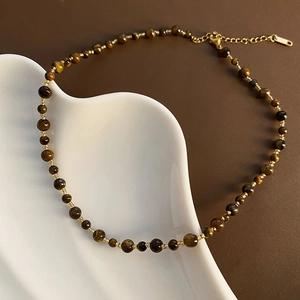 Handmade tiger eye and faux pearl beaded necklace with golden adjustable chain