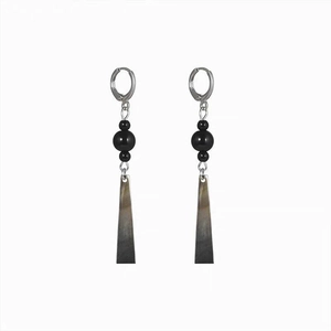 Long black drop earrings with silver buckle in vintage Chinese style and marble texture