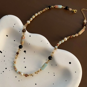 Retro Beaded Necklace Stainless Steel Natural Stone Artificial Pearl Ethnic Style Jewelry Women Clavicle Chain Bohemian Adjustable