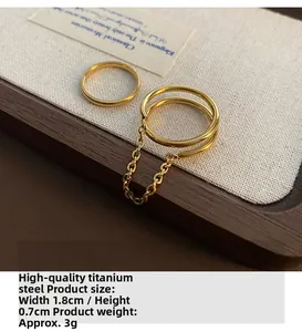 Detail of gold titanium steel ring set featuring a chain link design and sleek band
