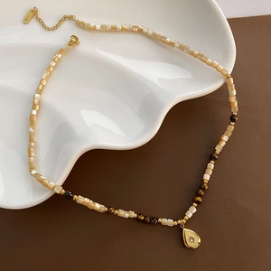 Handmade beaded necklace with water drop pendant, mother of pearl and tiger eye stones