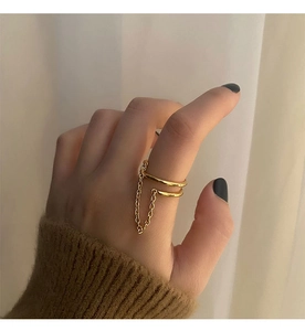 Close-up of double-layered gold titanium steel ring with chain link detail on finger