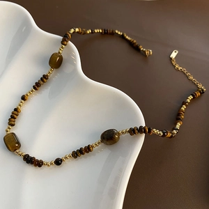Collier Perlé En Pierre Oeil De Tigre Naturelle Avec Perles En Acier Titane Doré Pour Femmes Bijoux Choker