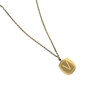 Elegant gold titanium steel square pendant necklace featuring an engraved letter V