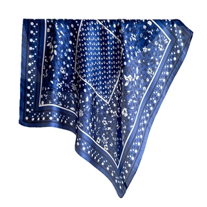 Elegant navy blue square scarf with white floral heart dots pattern for women