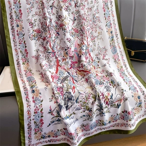 Silk-like shawl scarf featuring elegant floral and bird prints with contrast green border