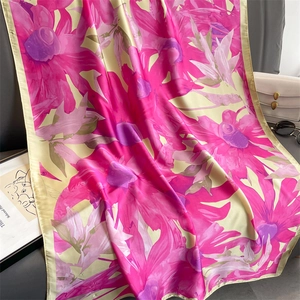 Detailed view of floral silk scarf with elegant satin sheen and soft draping texture