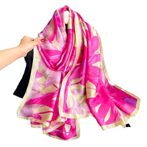 Pink floral satin shawl with elegant beige border and smooth silk-like texture