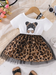 Robe d'Été pour Petites Filles Épissage en Maille Léopard Imprimé Cartoon Fille Robe de Princesse Manches Courtes