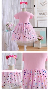 Détails de la robe rose pour filles avec paillettes cœur arc-en-ciel et serre-tête assorti
