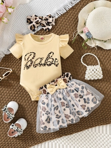 Infant Baby Girls Summer Outfit Leopard Heart Romper Mesh Skirt And Headband Cotton Flutter Sleeve Clothing For Toddlers