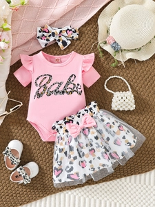 Pink Babe onesie with leopard heart tutu skirt and headband set for baby girls