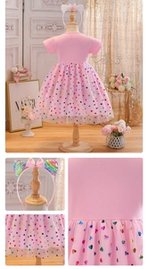 Detail of pink girls' dress featuring colorful heart sequins and mesh tutu fabric