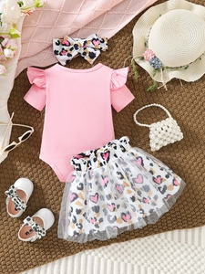 Pink heart leopard baby romper and mesh skirt set with floral hat and accessories