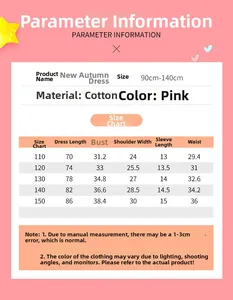 Detailed size chart for girls' unicorn dress showing measurements from 110 to 150 cm