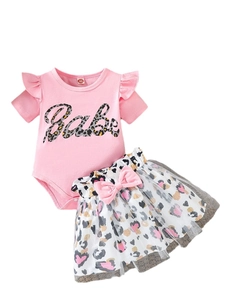 Baby girl summer set with pink ruffle bodysuit and leopard heart tutu skirt