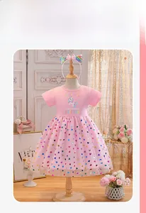 Detail of pink girls' dress showing unicorn print and colorful sequin hearts on mesh tutu