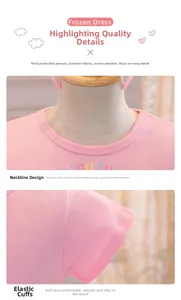 Detailed view of the round neckline and elastic sleeves on a pink Frozen girl's dress