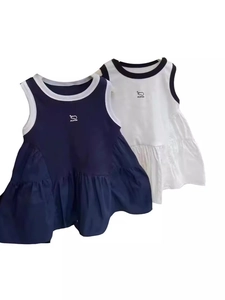 Robe Sans Manches Pour Filles En Tricot De Coton Bordure Contrastée Jupe À Volants Plissée Été