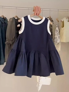 Robe de princesse plissée sans manches pour fille en bleu marine avec bordure blanche et ours