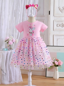 Robe Princesse Licorne Fille Manche Courte Coton Mesh Tulle Cœur Paillettes Costume Fête Anniversaire Bandeau