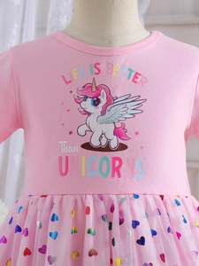 Robe licorne rose pour filles avec jupe en tulle à paillettes cœur et texte arc-en-ciel