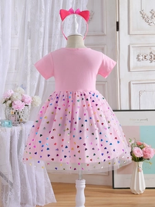 Robe tutu rose à manches courtes pour filles avec paillettes cœur et bandeau nœud