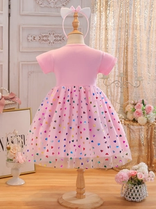 Girls Unicorn Princess Dress Cotton Short Sleeve Rainbow Heart Sequin Tulle Skirt Pink Summer Outfit And Headband