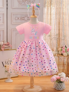 Pink unicorn tulle dress for girls with sparkling heart sequins and a matching headband