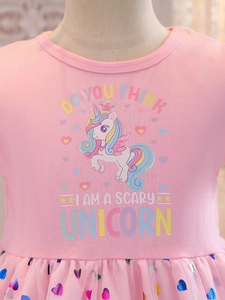 Pink girls' unicorn tutu dress with heart sequins and rainbow graphic for summer