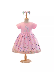 Pink unicorn tulle dress for girls with matching bow headband and sparkly heart sequins
