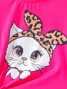 Toddler summer clothing set featuring big eye cartoon cat print on rose red knit fabric