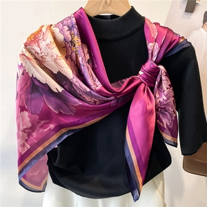 Elegant 110cm silk-satin scarf with purple peony floral pattern on a wooden hanger