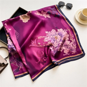 Elegant 110cm faux silk scarf featuring purple peony floral prints for women