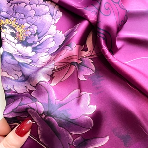 Elegant 110cm silk shawl with purple peony floral print for sun protection and travel
