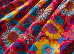 Close-up of red floral fabric with yellow sunflowers and purple leaves for toddler dress