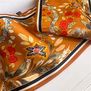 Golden floral and butterfly silk-like skinny scarf with vintage print and striped border