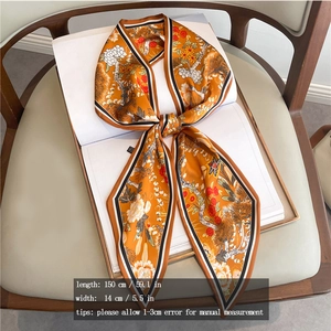 Floral print narrow silk scarf showing detailed size specifications 150x14cm for styling