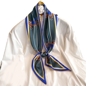 Deep green silk scarf featuring equestrian horse prints with gold and blue striped borders