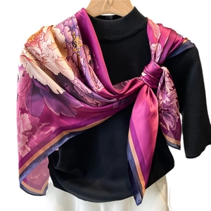 Elegant 110cm faux silk shawl with purple peony floral pattern and striped border
