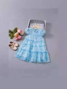 Robe à Étages Douce pour Filles Manches Volantes Mousseline Été Princesse Ligne A Bleu Ciel Imprimé Tie Dye Tenues Enfants