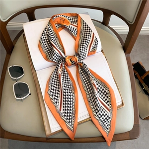 Women Skinny Twilly Scarf Houndstooth Equestrian Horse Chain Print Polyester Satin Neck Tie Bag Ribbon