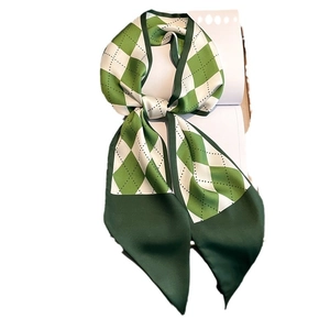 Green and white argyle pattern narrow silk scarf with elegant satin finish on white background