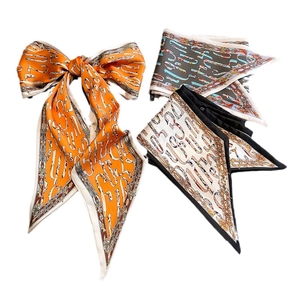Elegant silk skinny twilly scarves with artistic letters print and bow-knot styling
