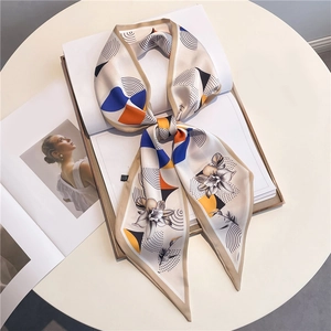 Fashion Narrow Scarf Polyester Satin Floral Geometric Print Thin Neck Tie Women Versatile Bag Handle Ribbon Streamer
